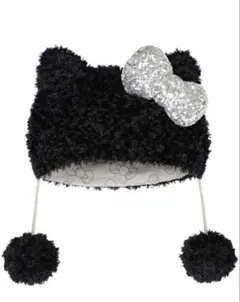 キティちゃん ファンキャップ 黒 ポンポン付きハット キラキラリボン