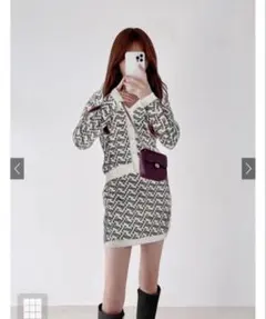 GRL モノグラム柄ニットカーディガンメニットミニスカートセットアップ