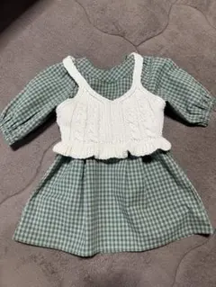 緑と白のチェック柄ワンピース　ニットビスチェ　セット