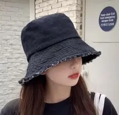デニム バケットハット 黒　UVカット 日よけ 帽子 夏 小顔効果 フリンジ