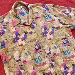 80sヴィンテージ 帆船 総柄 アート柄 半袖シャツ 昭和レトロ