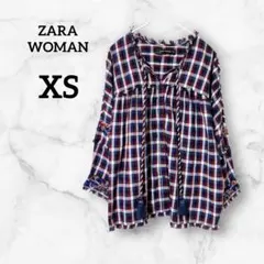 ZARA【XS】バックロゴ 刺繍×ビーズ ギンガムチェックブラウス フリンジ