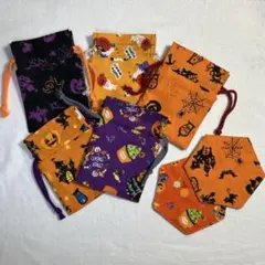 ハロウィン柄 ミニサイズお菓子用巾着袋5枚とコースター2枚　ハンドメイド