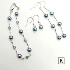 SV925 グレーパールとモスアクアマリンのブレスレット&ピアスの３点セット