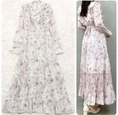 美品 ダズリン フラワープリーツワンピース ロング フリル 長袖 ピンク