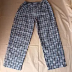 青系チェック柄 ワイドパンツ ウエストゴム　ルームウェアメンズLサイズ
