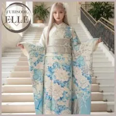 振袖フルセット(9点)成人式・高級手描き・くすみブルー・大輪牡丹・水色