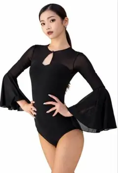 黒 レオタード フレア袖 シースルー 社交ダンス ラテン ダンス衣装長袖セクシー
