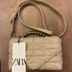 新品ZARA ベージュ キルティング ショルダーバッグ 2WAY ゴールドビーズ