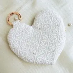 ハート型ポーチ　インド刺繍ポーチ ホワイト
