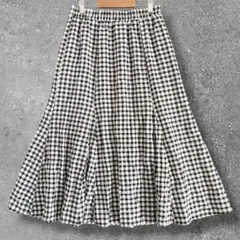✨️超美品✨️ロングフレアスカート　ギンガムチェック柄　ウエストゴム　黒白　M