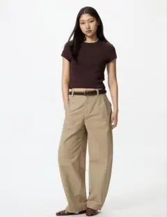 ベージュ コットン ワイドパンツ　ジャージーバレルレッグパンツ　XL