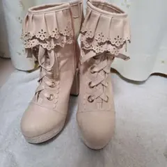 夢展望 ピンク フリル付きブーティ 高ヒール