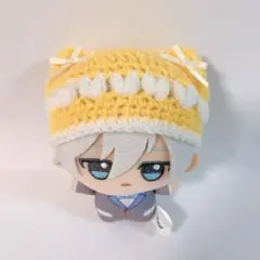 ちびぐるみ ぬい服 ぷっくりハート 猫耳ニット帽 黄色×白 編み物