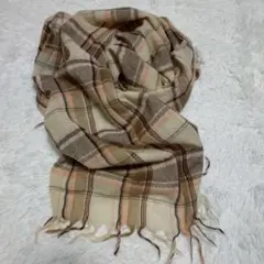 美品　無印良品　大判ストール　ベージュ　チェック　オレンジ　茶 ウール　インド製