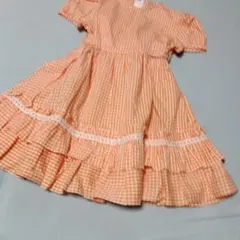 オレンジ チェック柄 半袖ワンピース