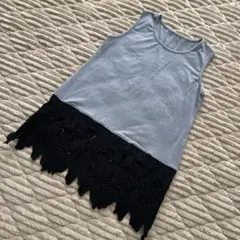 グレー/黒 レース装飾 ノースリーブタンクトップ　チュニック　ヒップカバーに