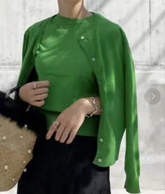 【アクアガレージ】ニットアンサンブル 半袖ニット 長袖カーディガン グリーン M