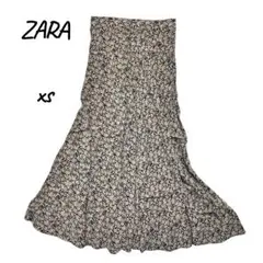 ロングスカートZARA黒×うす茶 花柄 さらさら EUR XSモノトーンカラー