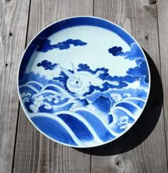 伊万里　古伊万里　兎　白兎　染付　大皿　直径34cm 皿　陶器　ヴィンテージ 伊万里 古伊万里 兎 白兎 染付 大皿 直径34cm 皿 陶器