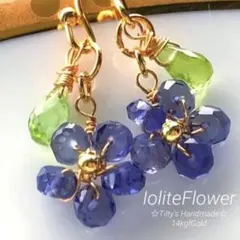 天然石♡アイオライト♡碧い小花一輪のピアス14kgf