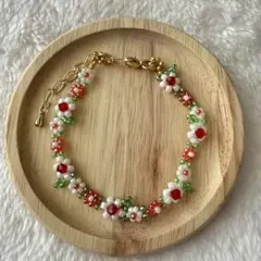 ハンドメイド ブレスレット ビーズ お花 フラワー ホワイト×レッド