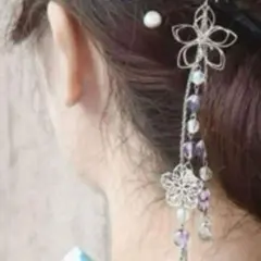 【新品】紫のビーズとお花の 揺れる かんざし 簪 パープル　シルバー