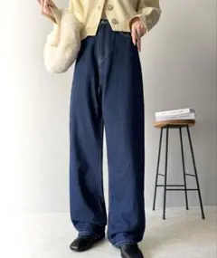 ダークブルー ワイドパンツ ハイウエスト デニム　ジーンズ