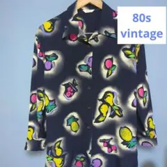 【一点物】レトロ フルーツ総柄シャツ ネオンカラーブラウス ポップ希少80sのサムネイル