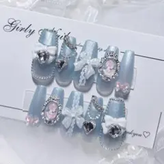 Ｎｏ．現品 ネイルチップハンドメイド 水色フリル韓国リボンハートストーンちゅるん