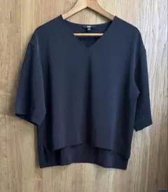 UNIQLO　 ドレープVネックブラウス (5分袖) 黒 　M