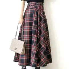 【人気】ZARA WOMAN ベルト付きタータンチェックロングフレア スカートS