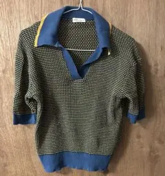 編み込みニット 半袖 Vネック 緑青