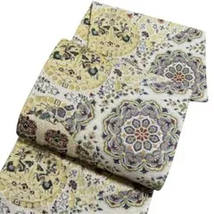 AA30袋帯 六通華文柄 唐織壱阡八百細密織 八宝花 唐草花と鳥　正絹　未仕立て