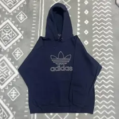90s adidas アディダス トレフォイル 刺繍ロゴ パーカー ネイビー L