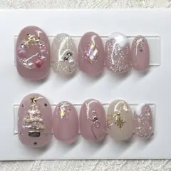 ネイルチップ クリスマスネイル ツリー リース ラメ 雪 くすみピンク