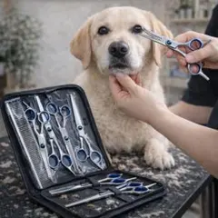 犬用 猫用　トリミングシザーセット プロ仕様 4点 ケース付 スキバサミ ペット