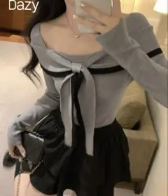 DAZY リボン コントラストカラー 肩出し ニット