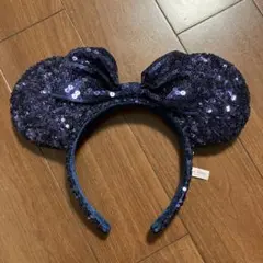 ミッキー耳風ネイビーリボンカチューシャ　スパンコール
