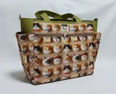 ラスト１点　10ポケットトートバッグ(L)　ベージュ×抹茶　ネコ　にゃんこ