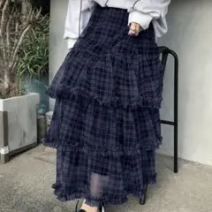 ネイビー　チュール　チェック　フリル　スカート