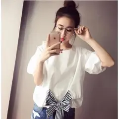 【大人気】袖フリル　ホワイトブラウス　リボンボーダー　M　a261