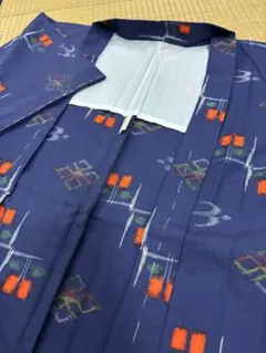 羽織　ウール　日本製　紺色系　花柄　燕絣　未使用品　少々難有り品