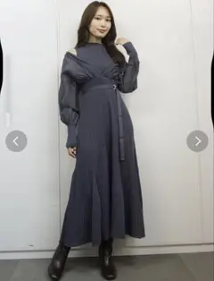 マーキュリーデュオ　異素材ドッキングフレアロングスリーブニットワンピース