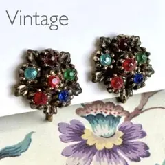 #4803 ヴィンテージ　イヤリング　フラワー　金古美　マルチカラー