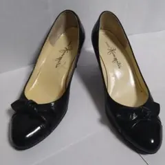 【美品】☆銀座かねまつ リボンデザイン エナメルパンプス ブラック レディースのサムネイル