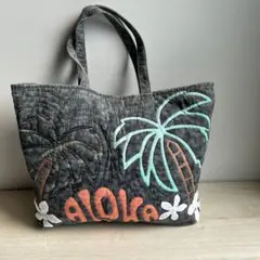 ハワイアンキルト トートバッグ ALOHA パームツリー ハンドメイド グレー