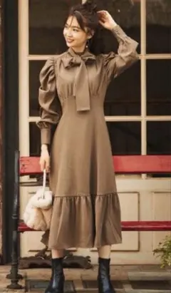 WILLSELECTION 袖ギャザーリボンワンピース　　カーキ