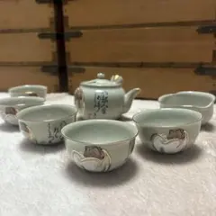 【九谷焼】湯呑み&湯冷まし&急須 7客セット 達磨 京清水 貫入 ☆新品未使用☆