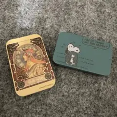 ミュシャとスヌーピーの小型スライド缶セット
